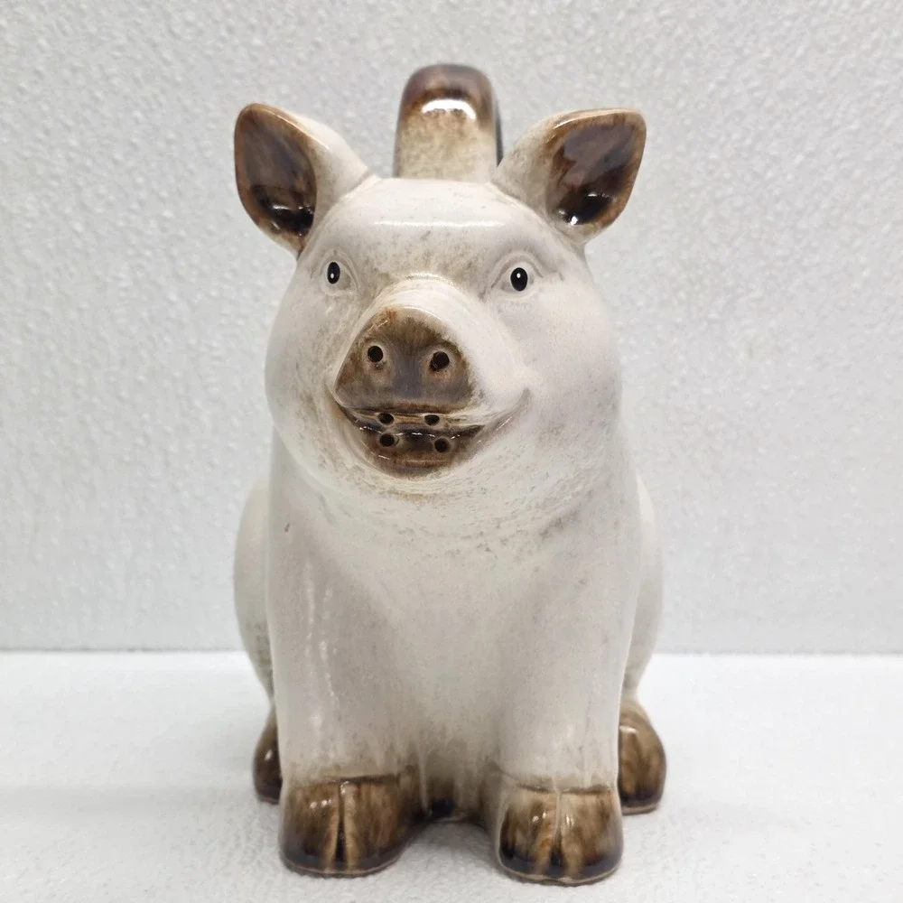 Vintage Ceramic White Pig Pitcher Watering Can Heavy Farm Stoneware